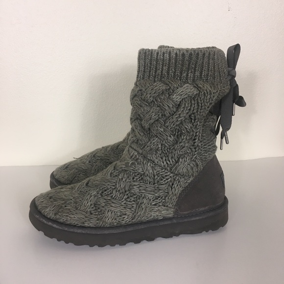 UGG Shoes - UGG Grey Crochet Knit Lace Up Back Isla Bow Boots